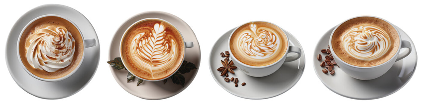 cup of coffee or cappuccino with a figure in milk foam or latte art, on a transparent background, Generative AI