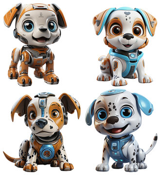 Four mini robot dogs, on a transparent background, Generative AI
