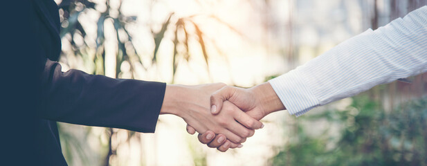 Banner Trust honesty business customer handshake together promise partner. Panorama Businessman teamwork diversity solidarity team Partner hands together. Team meeting shaking hands with copy space - obrazy, fototapety, plakaty