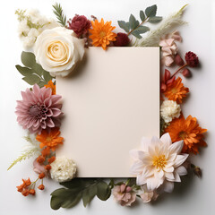 rectangle paper surrounded by flowers,white background Generative AI