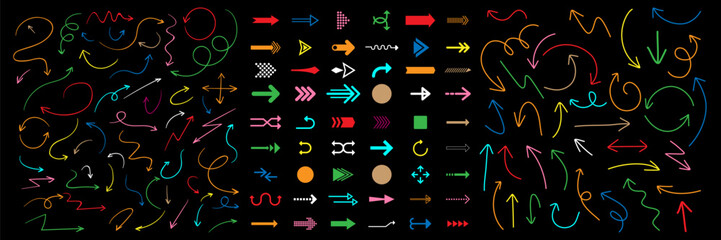 Charcoal hand drawn pencil arrows. Doodle curved chalk darts.Arrow icon. Arrow vector collection. Arrow. Cursor. Vector illustration