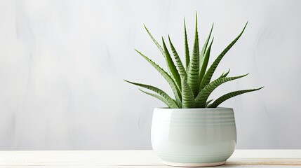 Aloe vera in pot on white table, place for text, copy space - obrazy, fototapety, plakaty