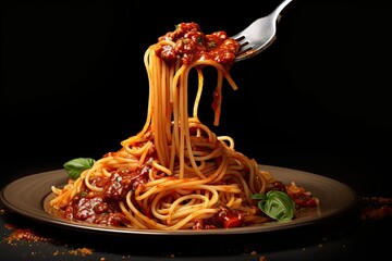Appetizing spaghetti rolled on fork with typical Italian sauce - obrazy, fototapety, plakaty