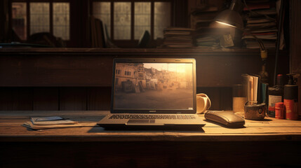 Laptop sitting on desk in a dimly lit room