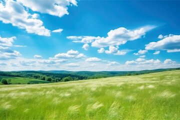 Landscape of green grass field with blue sky and small hills , Summer nature landscape background, Created with Generative Ai Technology