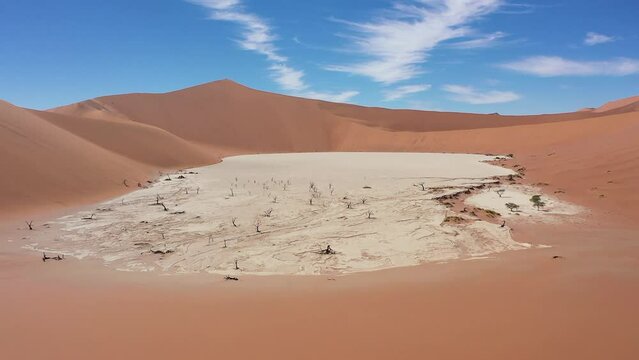 Beautiful tracking shot in the Namibian desert on a sunny day. The Deadvlei is a small clay pan enclosed by dunes in the Namib Sand Sea in Namibia.Dead camel thorn trees can be seen. No people