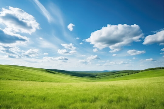 Landscape of green grass field with blue sky and small hills , Summer nature landscape background, Created with Generative Ai Technology