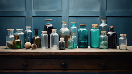 Medical bottles against a blue wall