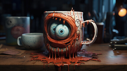 Freaky eyes dripping out of a mug onto the table