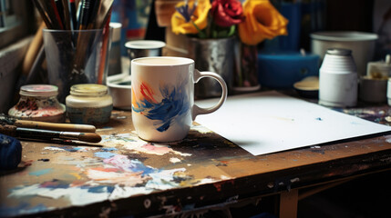 Beutiful painted mug in an art studio