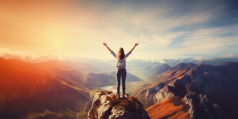 A woman standing on top of a mountain with raised hands. Generative AI image