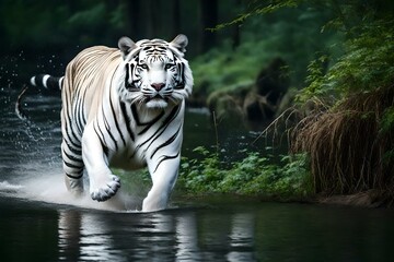 Fototapeta na wymiar dangerous white tiger in water generated by AI tool