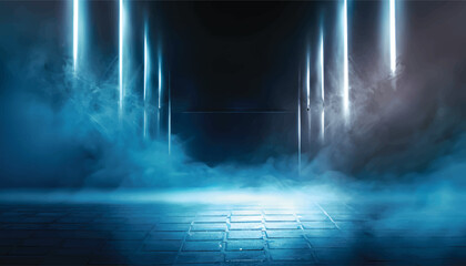 A dark empty street, dark blue background, an empty dark scene, neon light, spotlights The asphalt floor and studio room with smoke float up the interior texture. night view Vector Illustration