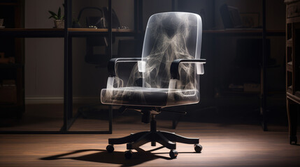 Skeleton outline of a man in an office chair (double exposure)