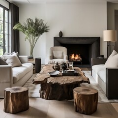 Modern living room with wooden stump coffee table near gray armchairs and sofa generative ai