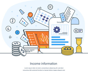 Portfolio income, passive income or revenue from invest in multi assets. Profit from investments, dividends and capital gains. Investment income concept thin line design of vector doodles