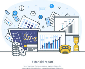 Financial report, digital accounting, data analysis, audit, research. Financial statement, report preparation, market stats. Computer screens with data charts graphs thin line design of vector doodles