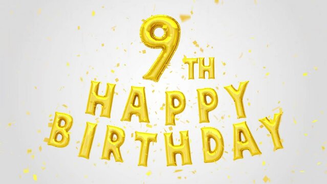 9th Happy Birthday Golden Balloons Text decoration glitter gold confetti on trendy background. birthday wishes, greeting card, invitation, Celebration, party, holiday, festive decoration concept