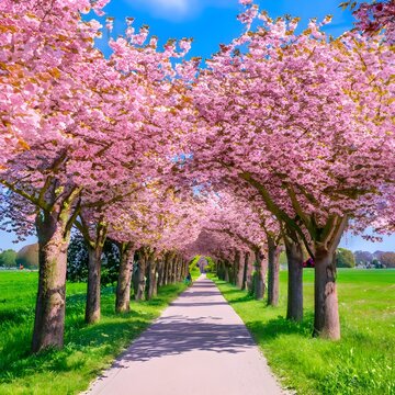 tree in spring wallpaper cherry blossom season sakura pink park sky path orchard plant 