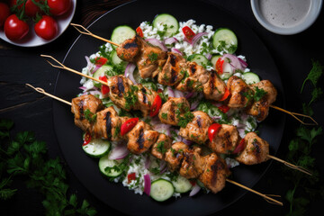 Grilled chicken skewers sprinkled with chopped fresh parsley