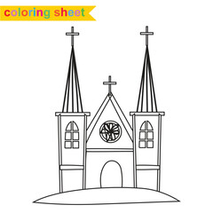 Colorings sheet a fairy tale medieval kingdom black and white the ancient church. Vector outline fantasy monarch kingdom. Medieval fairytale an ancient church cartoon.