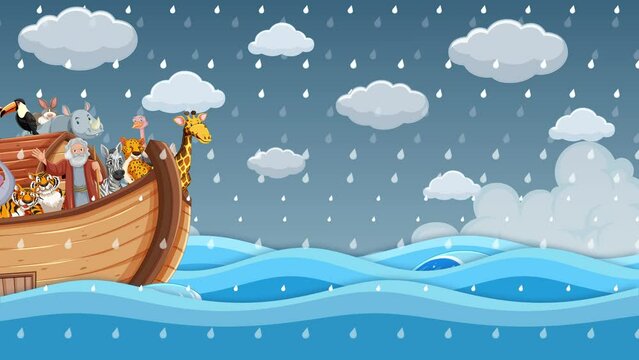 Animals on Noah's Ark Weathering the Storm in the Ocean