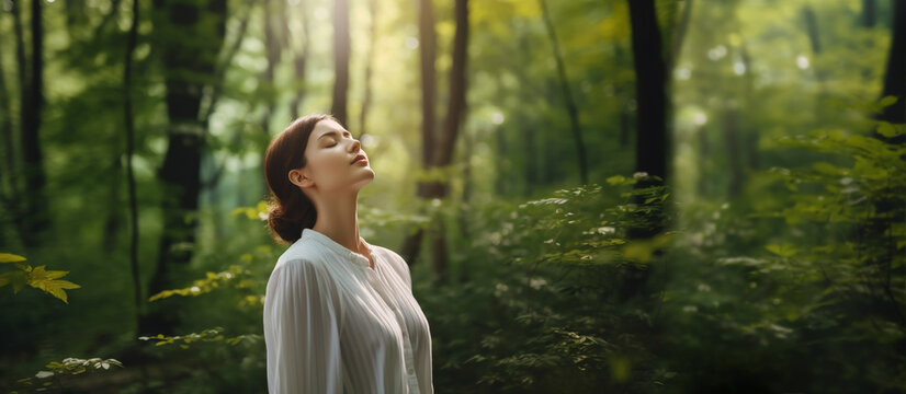 Harmony, Close to Nature Concepts, a Young Female Take Deep Breathing Fresh Air  in the Green Forest Woods. Engaging Body and Mind with Nature, Eyes Closed. Concept of Calm, Meditation. AI generative