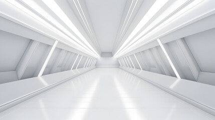 Fototapeta premium Futuristic Sci Fi Triangle Tunnel, Empty Long Light Corridor. Modern white background. Generative AI