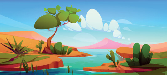 Fototapeta na wymiar River in desert oasis cartoon vector landscape. Egypt Nile game panorama illustration with tree, cactus and water. Drought savannah scenery hills. Hot wilderness safari journey scene with blue sky