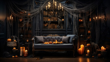 Living room is decorated for Halloween