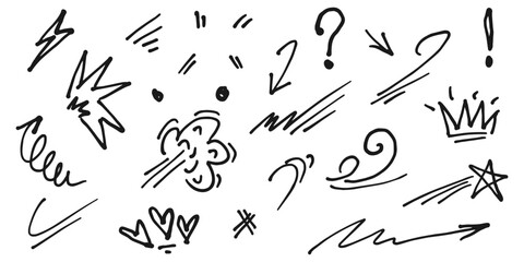Doodle collection cartoon expression effects. Hand drawn infographic emphasis elements. Arrows, heart, wind, crowns, stars and scribble. vector illustration