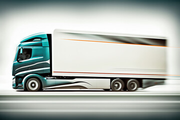 Truck with freight moving fast. Big truck driving on road. Blurred image. Generative AI.