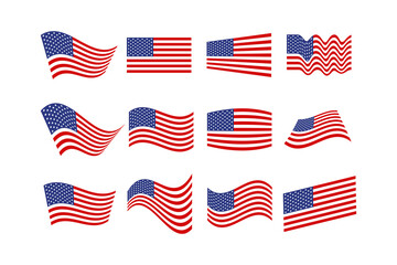 American flag waves perspective, vector set of national flags of the USA.