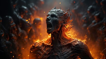 a demonic looking creature in flames with its mouth open, a 3D render, generative AI