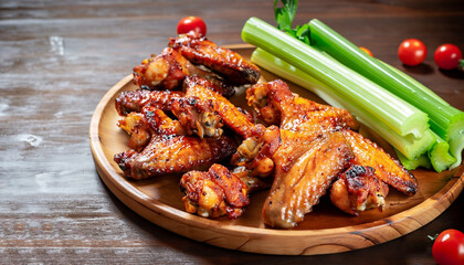 crispy barbecue chicken wings with celery on wooden serving tray