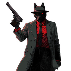 Red and black killer gangster wolf dog with gun isolated cartoon illustration - Generative AI