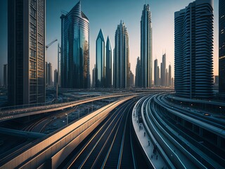 Metro railway among skyscrapers, AI generated