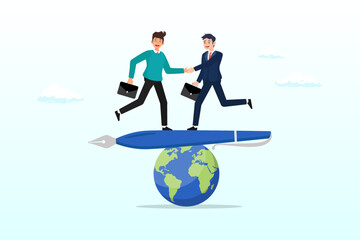 Businessman world leader handshake on fountain pen seesaw on world globe, diplomacy, world agreement or treaty between countries, global partnership, politics or world peace contract signing (Vector)
