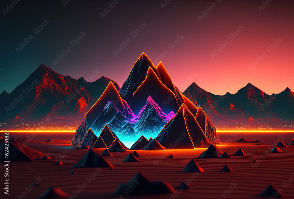 Poster a futuristic landscape, low-polygon mountains illuminated by neon light on a gradient background. im