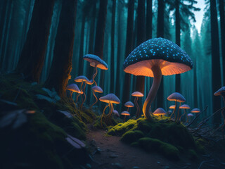 Fototapeta na wymiar Magic fluorescent mushroom in the forest. AI generated