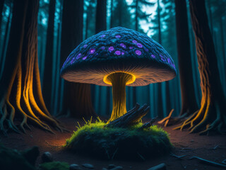 Magic fluorescent mushroom in the forest. AI generated