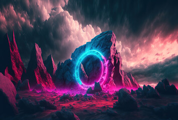 Fantastic mountain scenery with a round neon portal against a cloudy, thunderous sky. Surrealistic dystopian alien world. 3D rendering. AI generated.