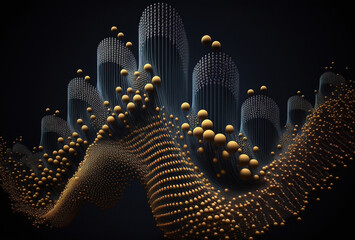 Colored dots and lines on a black background. Visualization of big data movement. Futuristic cyber technology, singularity. Abstract dark background. 3D rendering. AI generated