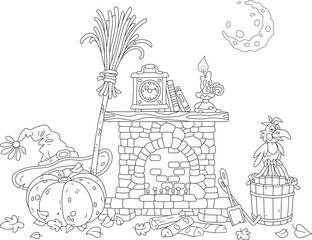 Fireplace with an old clock and a burning candle on a mantelpiece, a big pumpkin, a hat, a flying broom and other magical things of a Halloween witch, black and white cartoon illustration