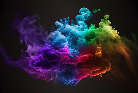 Bubbles of multicolored neon smoke, ink. An explosion, a burst of holi paint. Abstract psychedelic black dark background. 3D rendering. AI generated.
