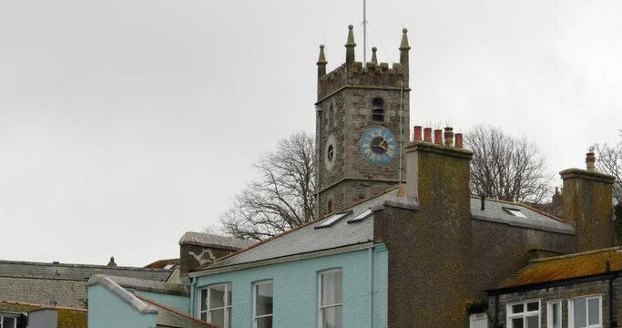 View of Church of King Charles the Martyr clock tower from Falmouth Marina