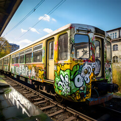 Fototapeta premium train in city with graffiti