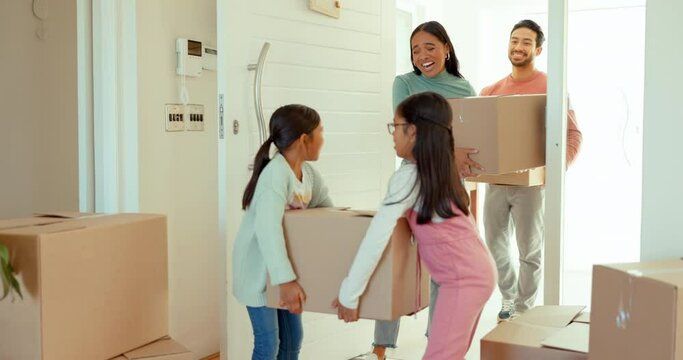Parents, kids and helping with boxes in new house with excited and happy future in apartment. Moving, investing in property and young mom, dad and girl children with cardboard in family home together
