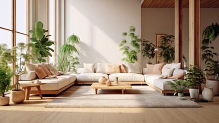 Cozy elegant boho style living room interior in natural colors. Comfortable couch with cushions and plaid, many houseplants, wooden coffee table, vintage rug, home decor. 3D rendering.