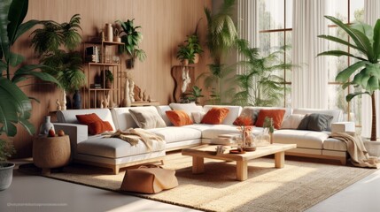 Fototapeta na wymiar Cozy elegant boho style living room interior in natural colors. Comfortable couch with cushions and plaid, ottomans, many houseplants, wooden coffee table and rack, home decor. 3D rendering.